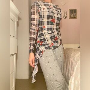 Mesh Boat Neck Rose Plaid Ruffle Hem